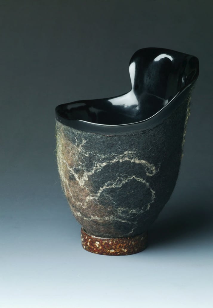 Winged Vessel cup. Felt made by Jorie Johnson, urushi lacquer by Clifton Monteith. Japan and United States, 2004. Wool, bast fibers, leaf, urushi lacq