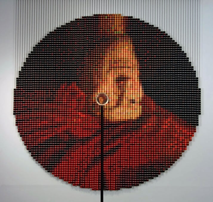 &quot;After van Eyck,&quot; 2006,  5,024 spools of thread, stainless steel ball chain and hanging apparatus, clear acrylic viewing sphere, metal stand (104&quot;-122