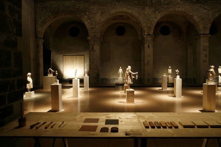 Exhibition arrangement of the solo show: &quot;Love at first touch: Gehard Demetz&quot;, curated by C. Antolini, 2009,  in a former San Francesco church, Como, 