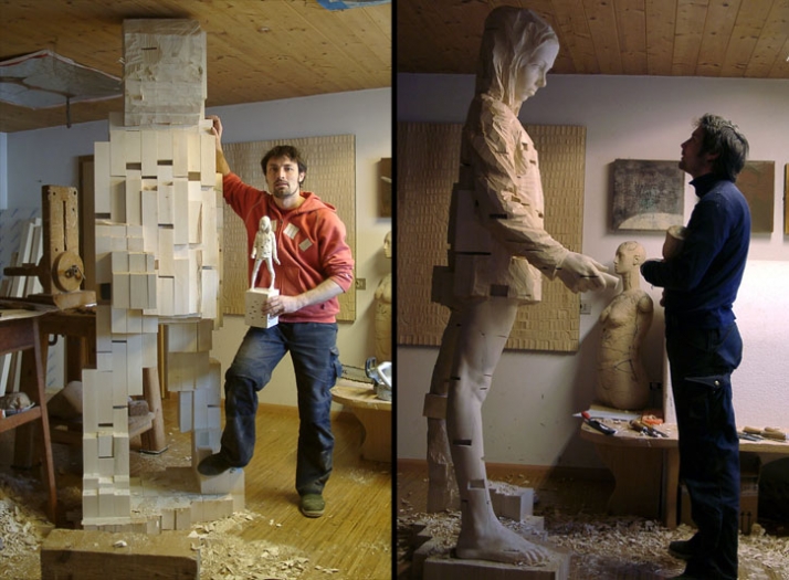 The artist in his studio with the sculpture:&quot;I want to be flexible&quot;, © Gehard Demetz, 2007, wood, 320 x 79 x 87 cmCourtesy Galleria Rubin, Milano Phot