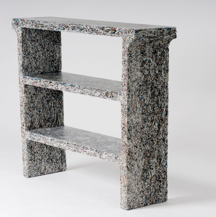 The Shredded Collection Console (Art in America Edition) is made from 5 kg Art in America magazine leftovers and clear resin...Materials: Shredded Art