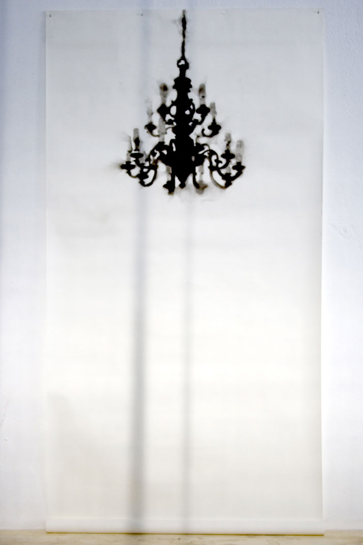 Henry Krokatsis Chandelier Nossa Senhora do Monte Serrat, 2008, Smoke from votive candles on paper, 285 (variable) x 150 cm Courtesy of Gazelli Art Ho