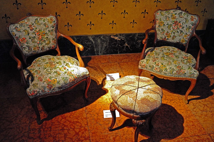 Twin Armchairs by Yukiko Nagai. Old armchair and mosaic seat and back. Photo by Tatiana Uzlova.