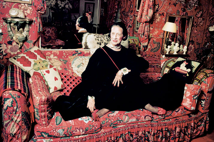 Diana Vreeland wore her Bulgari enamel belt as a necklace for a portrait taken in the red room of her New York City Apartment. Photo © Jonathan Becker.''Don't forget the Serpent...The serpent should be on every finger and all wrists and all everywhere...The serpent is the motif of the hours in jewellery...We cannot see enough of them...''Diana Vreeland, September 16, 1968, memo to VOGUE editorial staff.