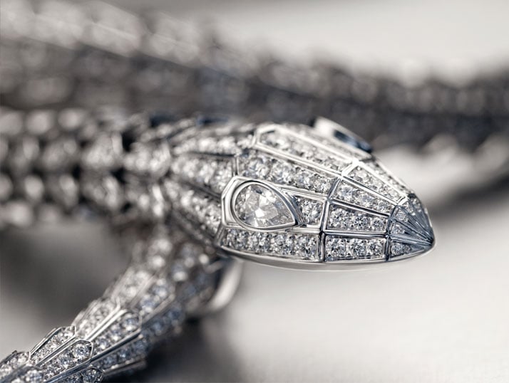 One-of-a-kind Bulgari High Jewellery Collection Serpenti necklace set with pear-shaped diamond eyes and over 228 carats of diamonds on the scales. Photo © Doug Rosa.