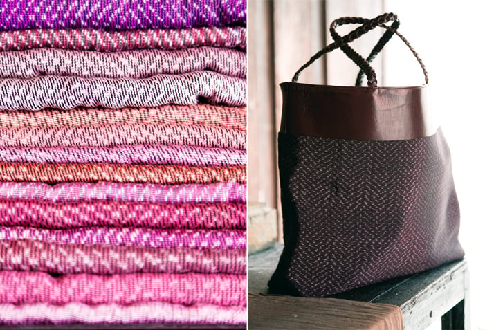 A stack of antique rebozos and a bag made from rebozo fabric and hand-dyed leather.  Photo © Todd Selby, The Shelby.