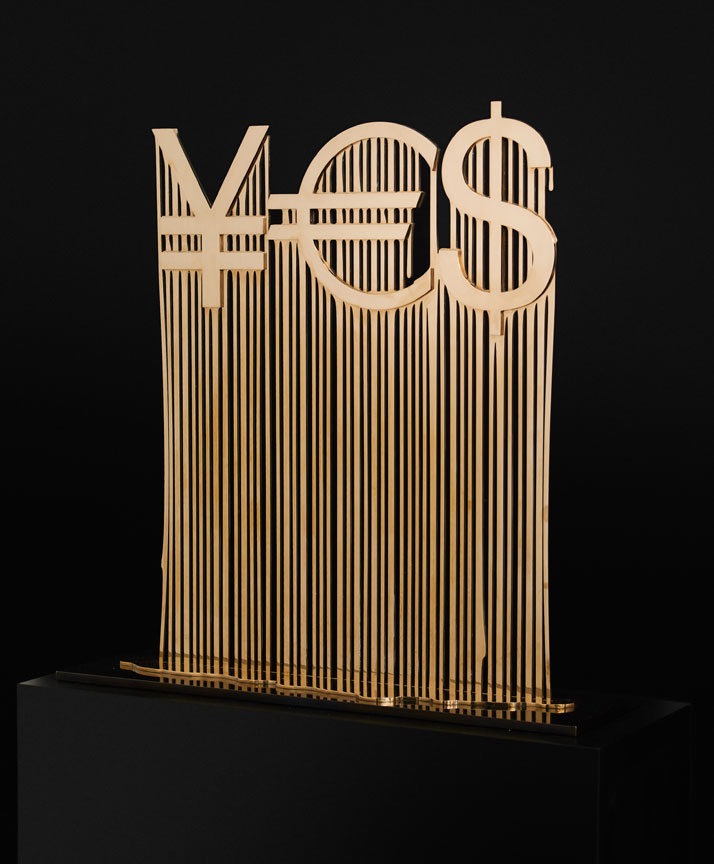 Liquidated YES by ZEVS. (2012)mirror polished bronze on patinated bronze base.36 1/2 x 36 x 10 1/2 inches // 93 x 91 x 27 cm // Edition of 4, + 2 AP.Courtesy of the artist and De Buck Gallery, New York.
