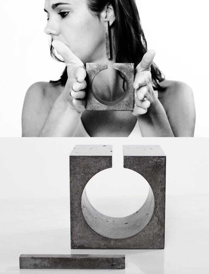The cement bracelet and earrings of the &#039;&#039;DISPLACEMENT | Architecture to the body scale&#039;&#039; project by MicroMacroLab.