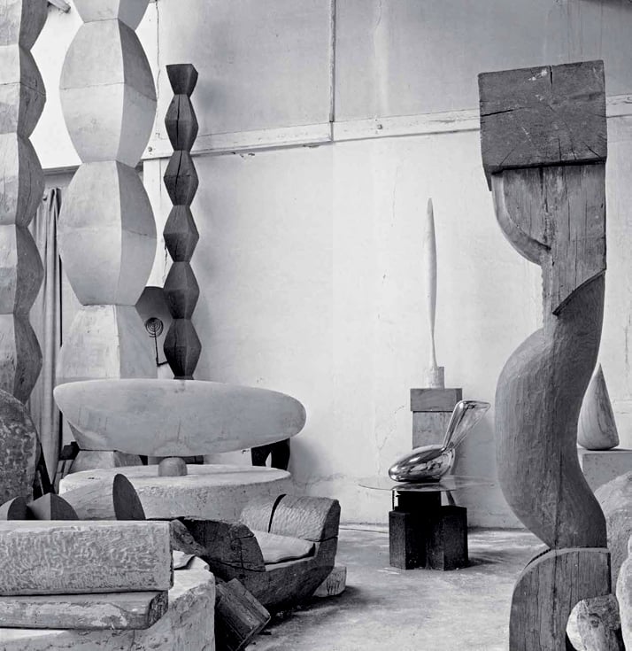 Brancusi’s studio, Paris, 1955. Photograph by Alexander Liberman.The image is published in the book ''Brancusi in New York 1913-2013'' by ASSOULINE.Image Courtesy of the Brancusi Estate and Paul Kasmin Gallery.
