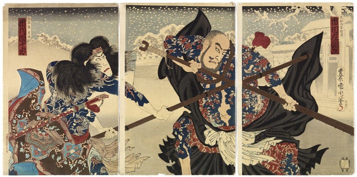 Tryptic of Japanse prints: the dual. The prints represent two Kabuki theatre actors in a dual against a winter backdrop. Realised by Toyohara Kunichika (1835-1900). The actor on the right is Ichikawa Danjurô, in the rôle of Kumonryû Shishin, a mythical figure tattooed with nine dragons. The actor on the right is Ichikawa Sadanji in the role Kaoshyôrochishin, covered in a Kaidô flower tattoo representing the family of roses. Edo and beginning of Meiji periods, year 18 of the Meiji era, Japan © Musée du quai Branly, photo: Claude Germain.