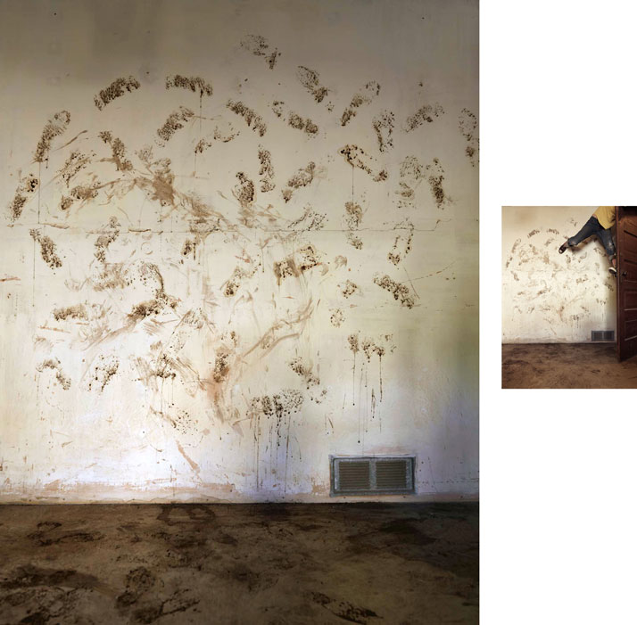 Mud Wall, 2014; displaced wall &amp; c-print, 7' x 7.5' (wall), 18'' x 14'' (print). Courtesy of Lee Materazzi.