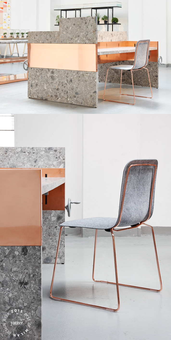 UNM (You and Me) by Nina Graziosi for Lensvelt. A no-nonsende system of workdesks whith the technique hidden in the central panel, which creates the ability for the architect to perform the side panels of the desk in any desired material. For example marble and copper. THIS CHAIR FELT by Richard Huttem for Lensvelt. A 'renaissance'; of This Chair, the multifunctional chair that Richard Hutten designed for Lensvelt in 2005. The chair is born again... but now with a felt seating.