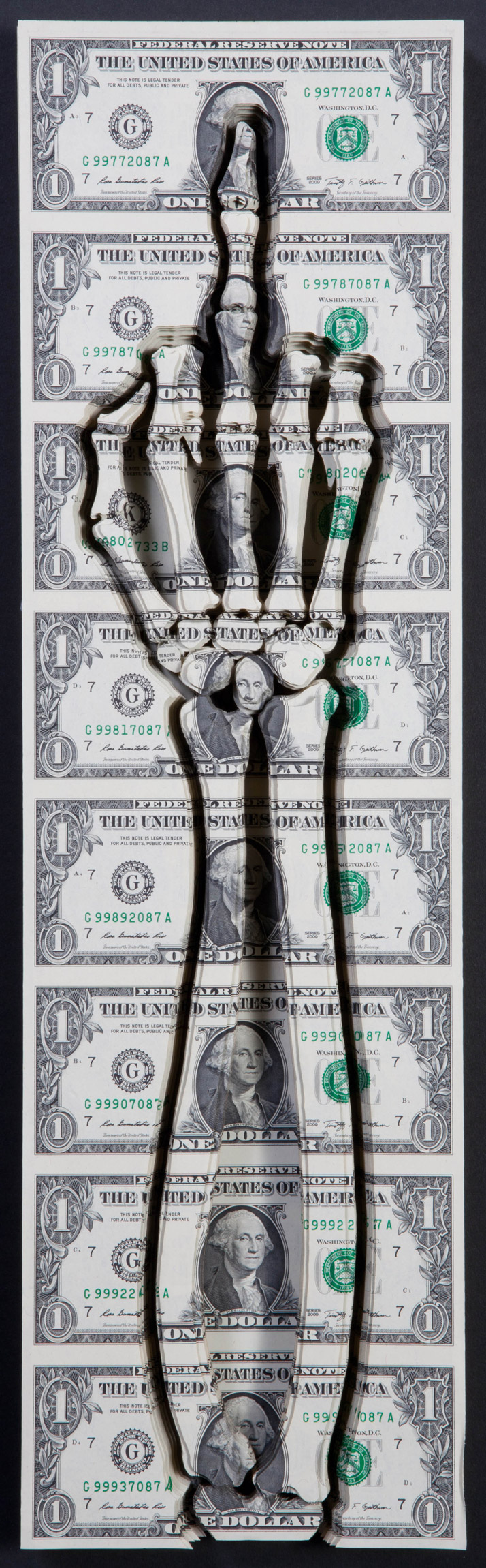Good  Morning, 2011. By Scott Campbell. Lasered uncut US currency. From the  book 'Forever: The New Tattoo'. Copyright Gestalten 2012.