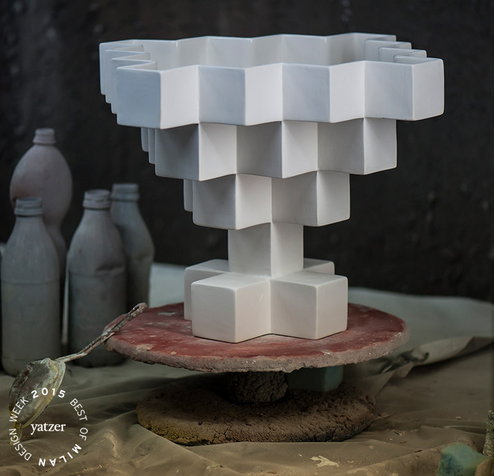 PIXEL by Alberto Ghirardello for STYLNOVE.photo © Stylnove.Pixel is a ceramic lamps family composed by pendant (in two sizes) and wall versions. The family is complemented by a vase / centerpiece with the same look: a direct link between the table and the lighting device that illuminates it.