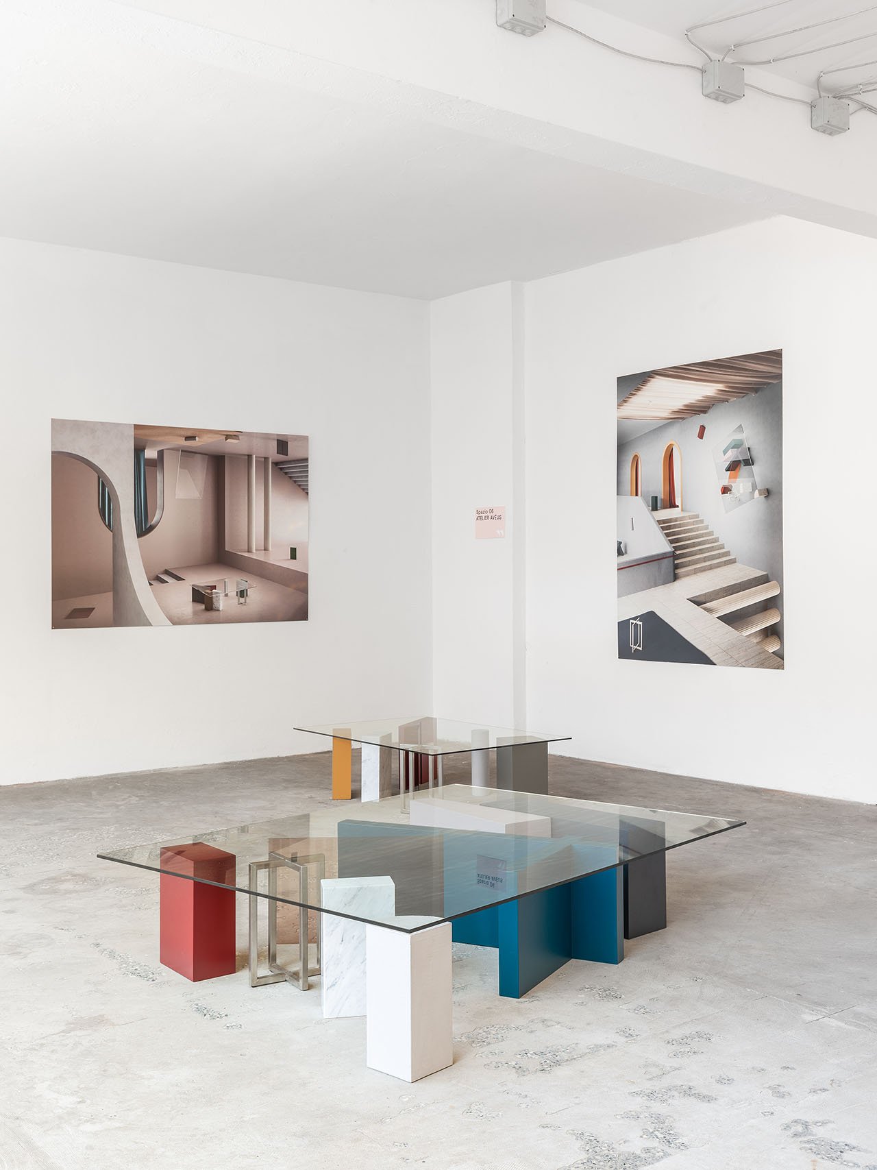 The “Non-Objective tables” is a series of tables inspired by the suprematist paintings of the early 20th century, designed by Morgane Roux of  Atelier Avéus*. 3D images made in collaboration with Massimo Colonna. . Installation view at ALCOVA by DSL Studio| Delfino Sisto Legnani and Marco Cappelletti.