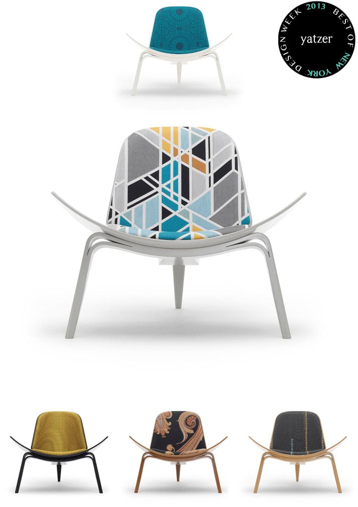 To honor the 50th anniversary of the Hans J.Wegner Shell Chair, Carl Hansen &amp; Son has partnered with textile company Maharam to reveal these striking chairs, each upholstered in a different textile designed by Alexander Girard, Sarah Morris, and Hella Jongerius and built using unique wood color combinations.