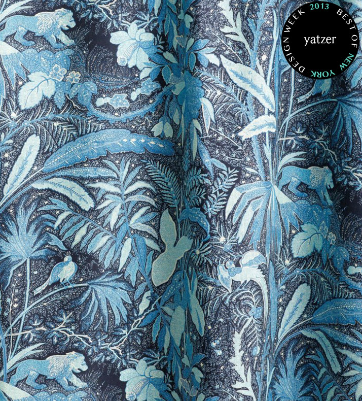 The LIONESS linen fabric from Beacon Hill's Midnight Garden print collection.