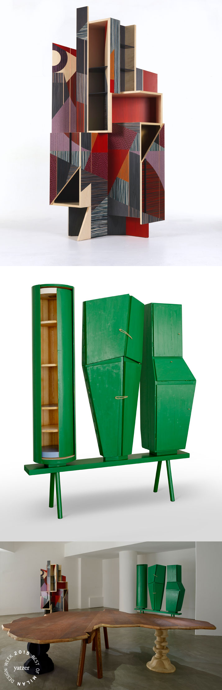 9 + uno (nine plus one) exhibition at DILMOS Gallery. From top to bottom:&gt; Magico3 cabinet by Alessandro Mendini, a 3-piece edition // 215x110x57cm // 2010. &gt; African Farfalla folding table by Francesco Binfare. // width 270cm x length 308cm x height 76.5cm // Materials: Sapele Mahogany wood; hollow-cored panels clad with Feather Mahogany and veneered in Brazilian Rosewood; finished with protective natural oils that accentuate the natural woodgrain. Hinges and closing devices in brass. // 2014.&gt; Mobile Frontale sculpture-cabinet by Pietro Consagra // painted wood // 200x168x38cm // 1956/ 2015.
