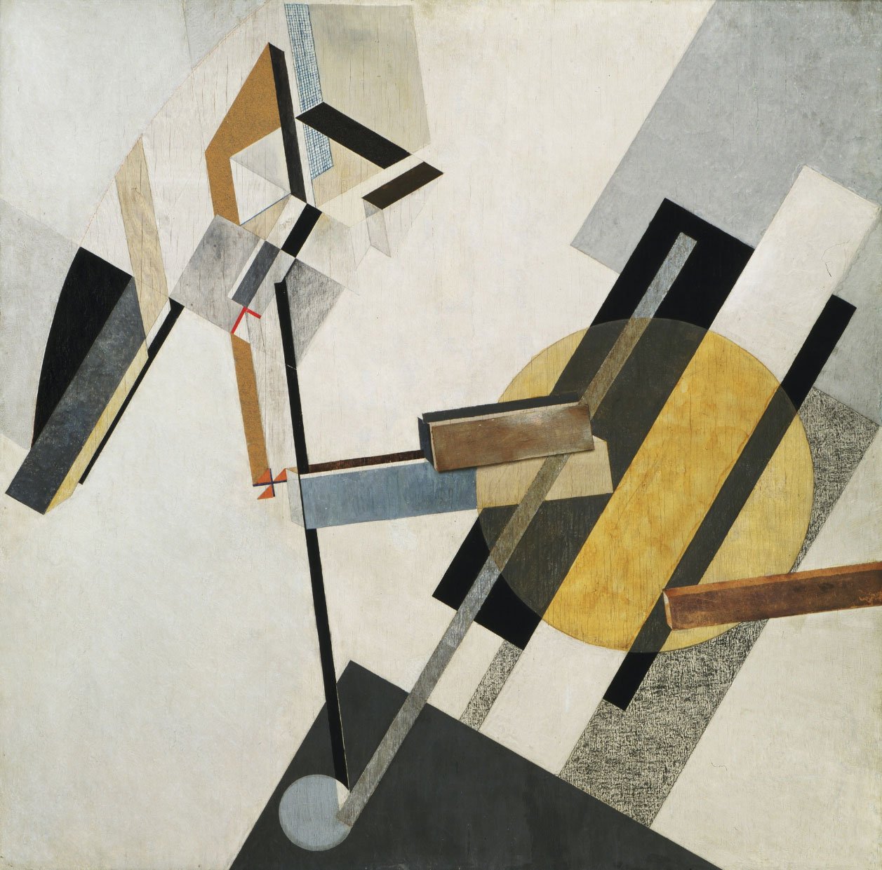 El Lissitzky, Proun 19D(1920 or 1921)
On view at The Museum of Modern Art, Floor 5, Collection Galleries. 
Medium: Gesso, oil, varnish, crayon, colored papers, sandpaper, graph paper, cardboard, metallic paint, and metal foil on plywoodDimensions: 38 3/8 x 38 1/4" (97.5 x 97.2 cm)Credit: Katherine S. Dreier BequestCopyright © 2018 Artists Rights Society (ARS), New York / VG Bild-Kunst, Bonn.
source MOMA.‘for illustrative purposes only’
