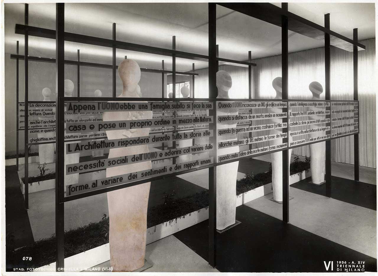 Rendered photographic image for “Post Zang Tumb Tuuum” (Fondazione Prada, Milan, 2018). Installation view of VI Triennale di Milano, 1936.Introduction to the housing exhibition in the new Pavilion of the Sempione Park, “Coerenza” room, designed by the architecture firm BBPR. Among the exhibited works, Costante uomo (1936) by Fausto Melotti - For the work © Fausto Melotti by SIAE 2018. Photo archive © La Triennale di Milano. Photo Crimella.