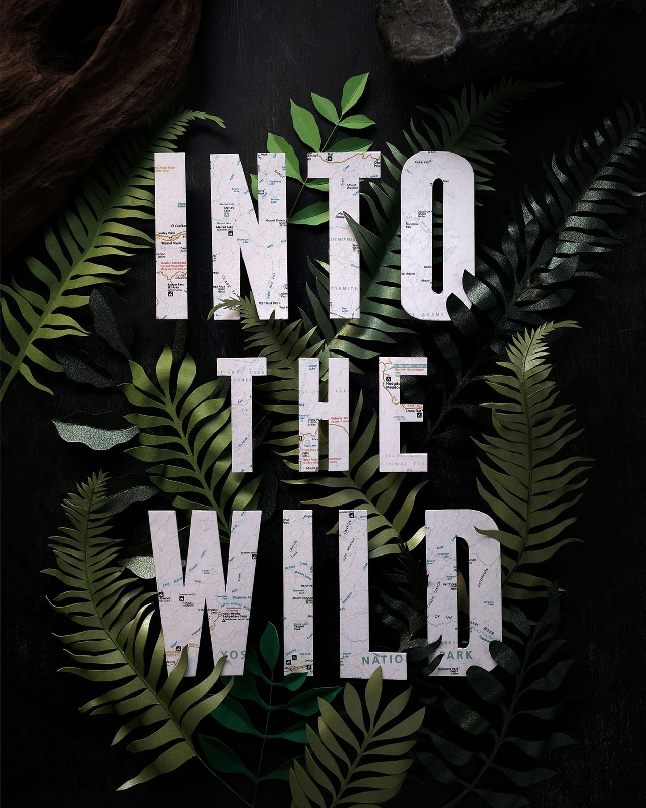 John Ed De Vera, "Into the Wild". Map decoupage on paper cut letters and foliage. Page 64 on Delta Sky Magazine’s Nov 2018 issue.