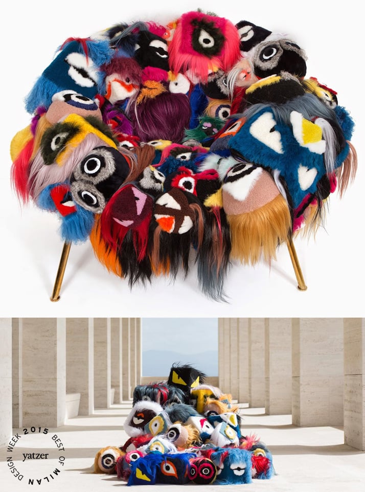 The Armchair Of Thousand Eyes (more than 100 Fendi bag-bugs) by Campana Brothers for FENDI. Fendi's much-beloved bag bugs have been reinterpreted by Fernando and Humberto Campana.