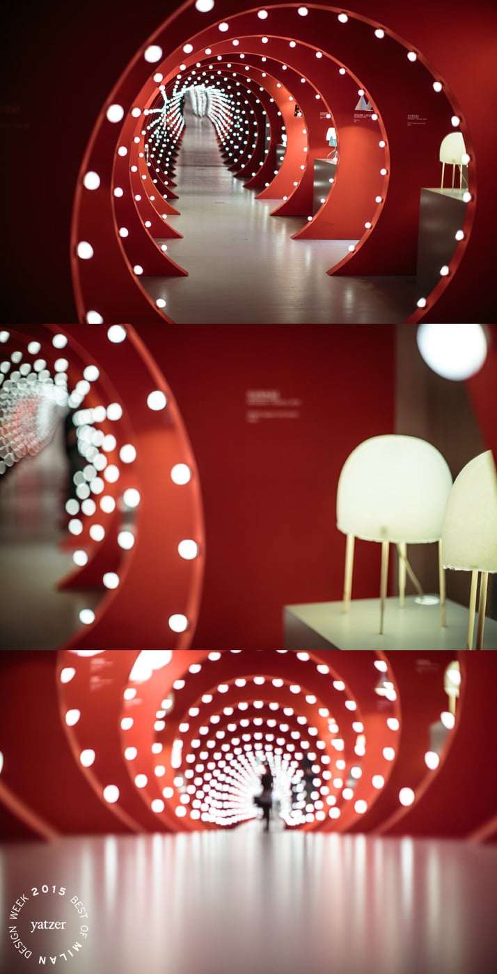 The TUNNEL OF LIGHT installation by Ferruccio Laviani at Foscarini Spazio Brera. Kurage table lamp by Japanese studio Nendo with Italian designer Luca Nichetto for Foscarini.