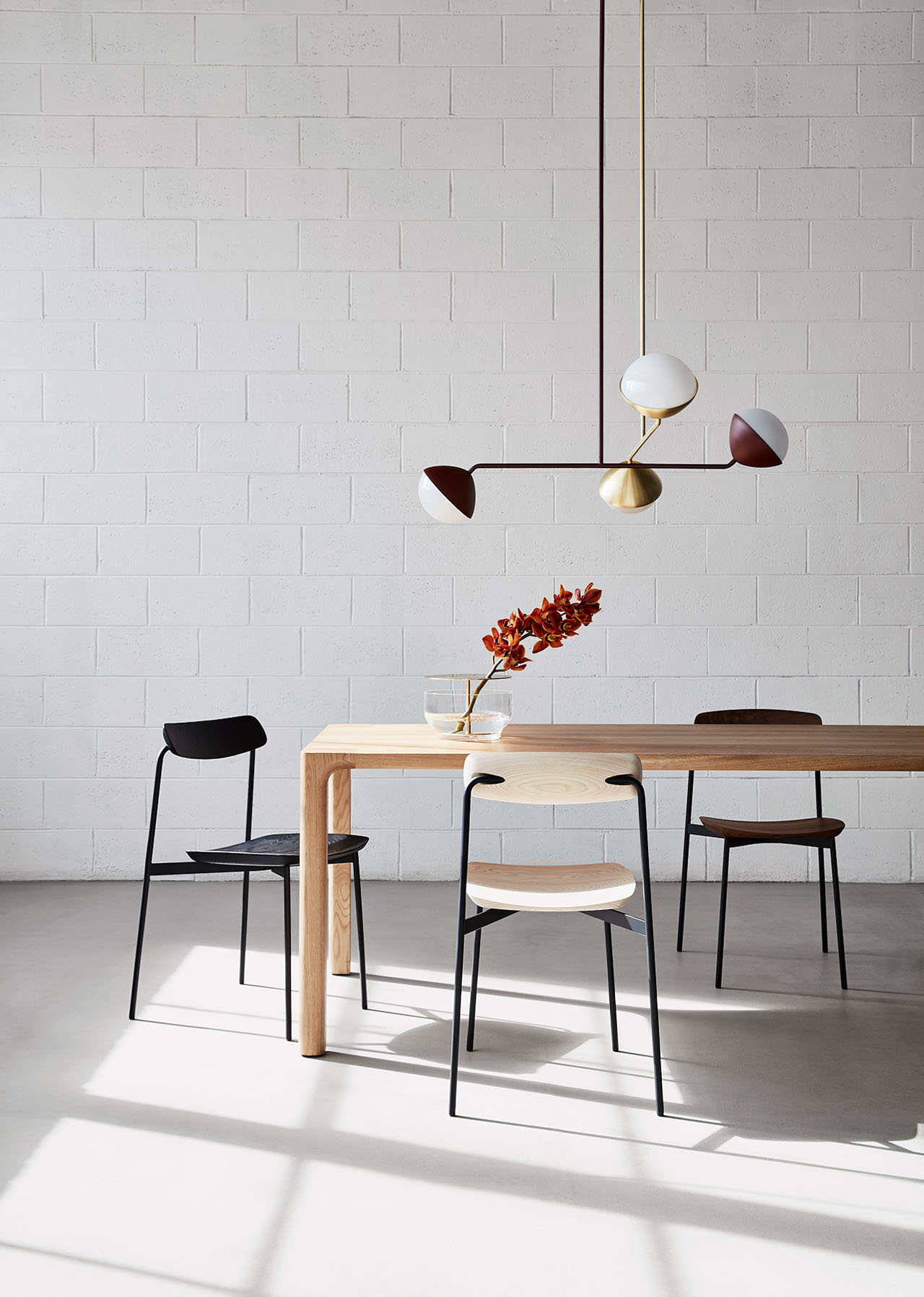 Jolly Double Rod Pendant by Kate Stokes and Sia chair by Tom Fereday for NAU  (LOCAL DESIGN).