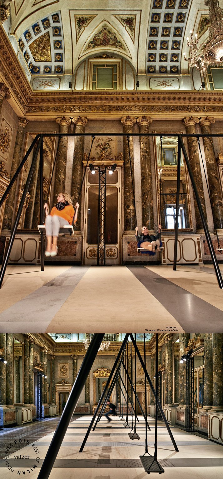 The 8-piece swing-set created from the new 2015 surface designs of Caesarstone, part of Movements, an interactive installation by Philippe Malouin at Palazzo Serbelloni. Photo by Tom Mannion.