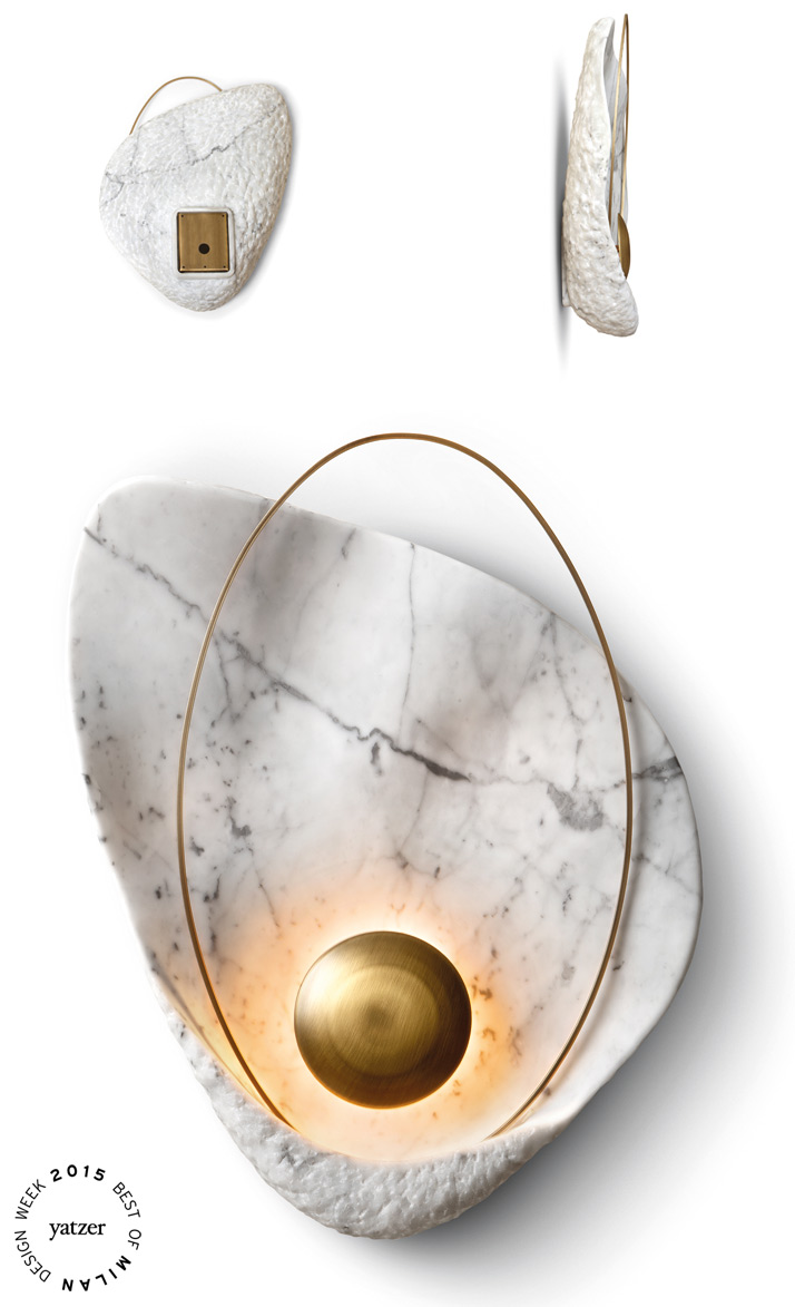 Pearl wall lamp by Ginger &amp; Jagger. / Body: Carrara. Metal Details: Brass in Brushed Plain finishing.