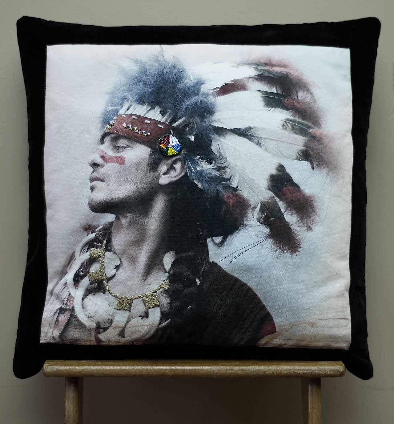 A Voyage Within (Embroidered Pillows) | INDIAN MOOD.Vangelis Kyris in collaboration with Anatoli Georgiev.Print on 100% cotton, hand-embroidered, velvet backgraound | 50 x 50 cm , 19 11/16 x 19 11/16 in.EDITION OF 50.Courtesy of the artists.