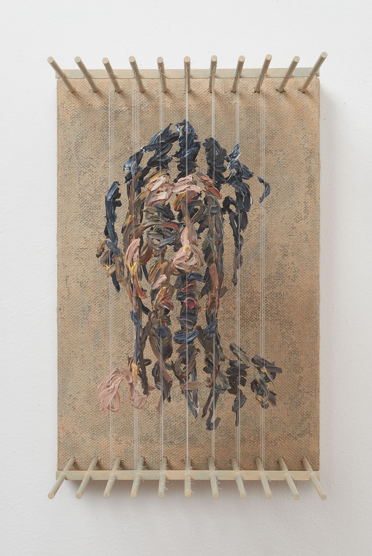 Chris Dorosz, s.r.o, 2017. Acrylic paint on monofilament, metal, jute on board ,14 H x 9.25 W x 11D inches. Photo courtesy of Muriel Guépin and the artist.