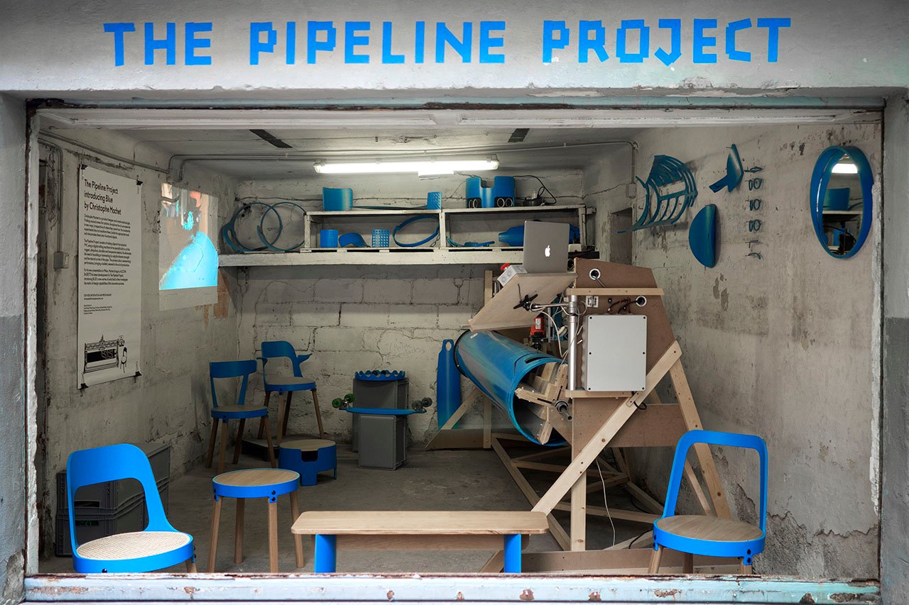 The Pipeline Project by Christophe Machet. Furniture and objects made from industrial PVC pipes. Photo Marie Douel.