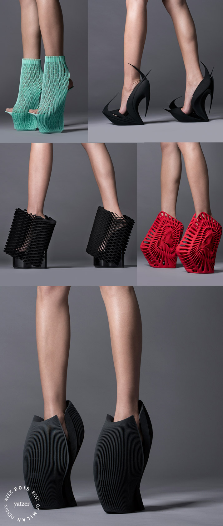 The Re-Inventing Shoes project by United Nude and 3D systems. Ben van Berkel (UNStudio), Zaha Hadid, Ross Lovegrove, Fernando Romero and Michael Young are exploring and challenging 3D printing technology bydesigning 3D printed ladies high heels.
