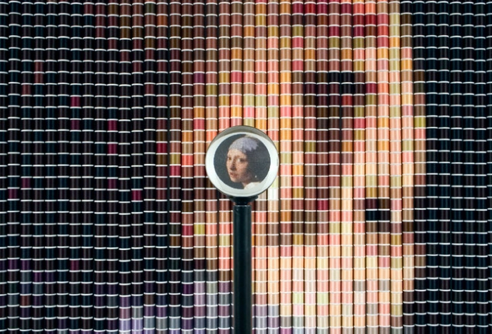 &quot;After van Eyck,&quot; 2006,  5,024 spools of thread, stainless steel ball chain and hanging apparatus, clear acrylic viewing sphere, metal stand (104&quot;-122