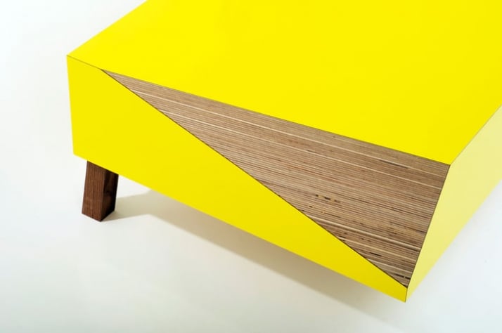 David RestorickCut corner [Coffee Table] Yellow Gloss Formica / Birch Plywood / American Black Walnut Legs 35 x 90 x 67 cm (h x w x d)