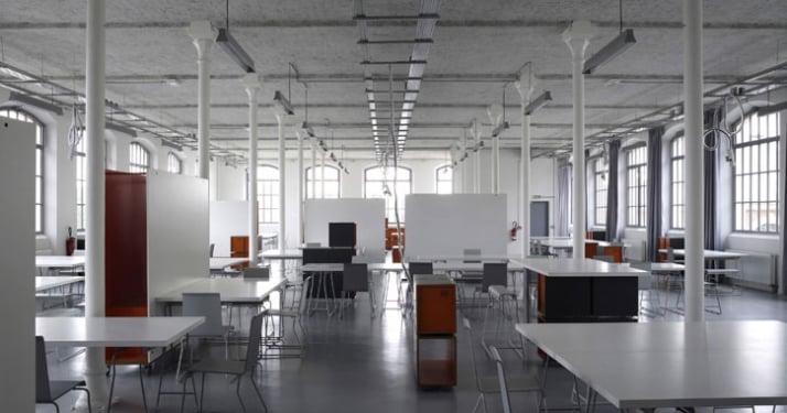view of the New School of Art and Design Saint-Étienne with the whole project of furniture  Image Courtesy Cité du design