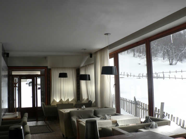 interior design for BACURIANI restaurant in the mountain-skiing resort Bacuriani, Georgia, 2009 by ROOMS // Image Courtesy of ROOMS