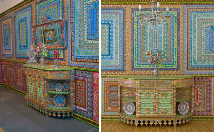 Dream Home 2009 102&quot; high x variable dimensions, $70,000 worth of discarded lottery tickets, cardboard, foam, wood, and steel Courtesy of Ghost of a D