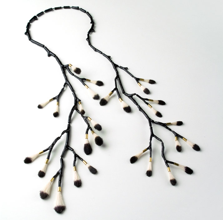Necklace 2006 // Beech twig,epoxy, messing and goathairphoto © Ole EshuisHer work is “an instinctive play with natural materials”, she says. To her, n