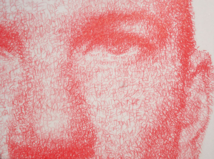 Don&#039;t Be Gay (detail), from Advice Series, (from Trauma &amp;amp; Other Stories). Red pencil on mylar, 8.5 x 11 inches, 2011.Image Courtesy of Zachari Log