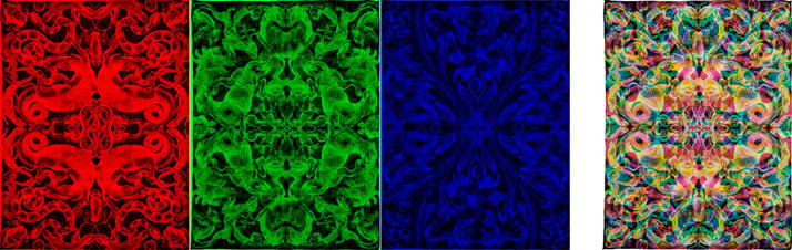 左：红色、绿色、蓝色的围巾 Bestiario 组合//Carnovsky 提供右图：围巾 Bestiario：140x180 厘米，照片 Marco Menghi。 由汽车提供