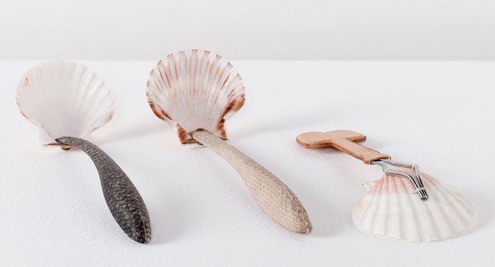 Scallop spoons: Vegetal tanned trout and salmon skin, scallop shells, metal, discarded Fendi leatherPhoto © Luisa Zanzani