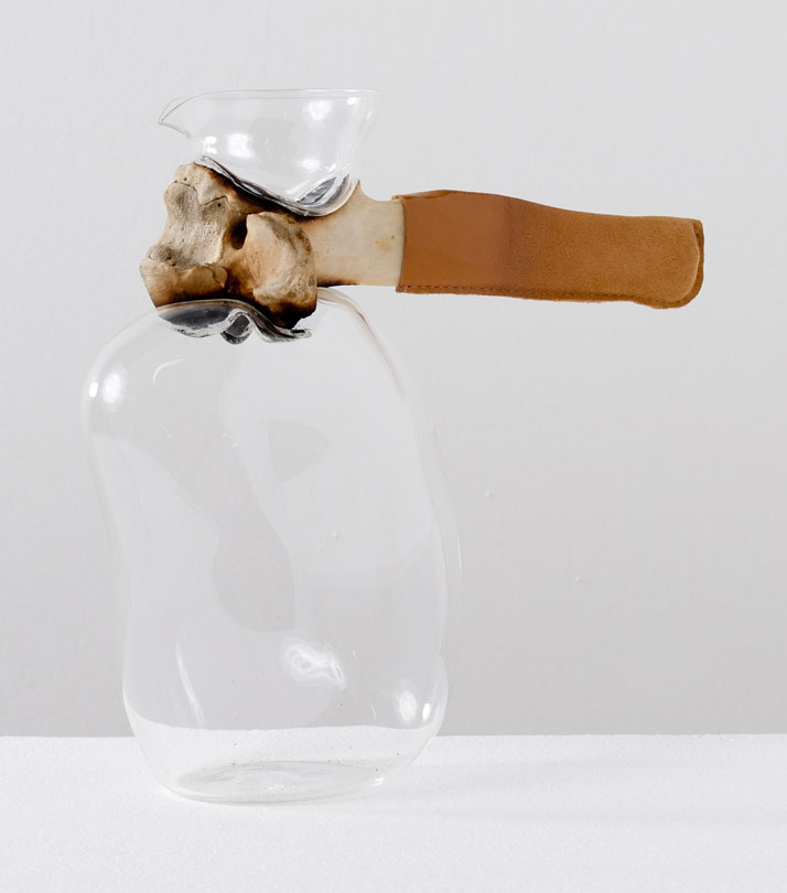Jar: Mouth blown glass on a cow bone, cow leatherPhoto © Luisa Zanzani