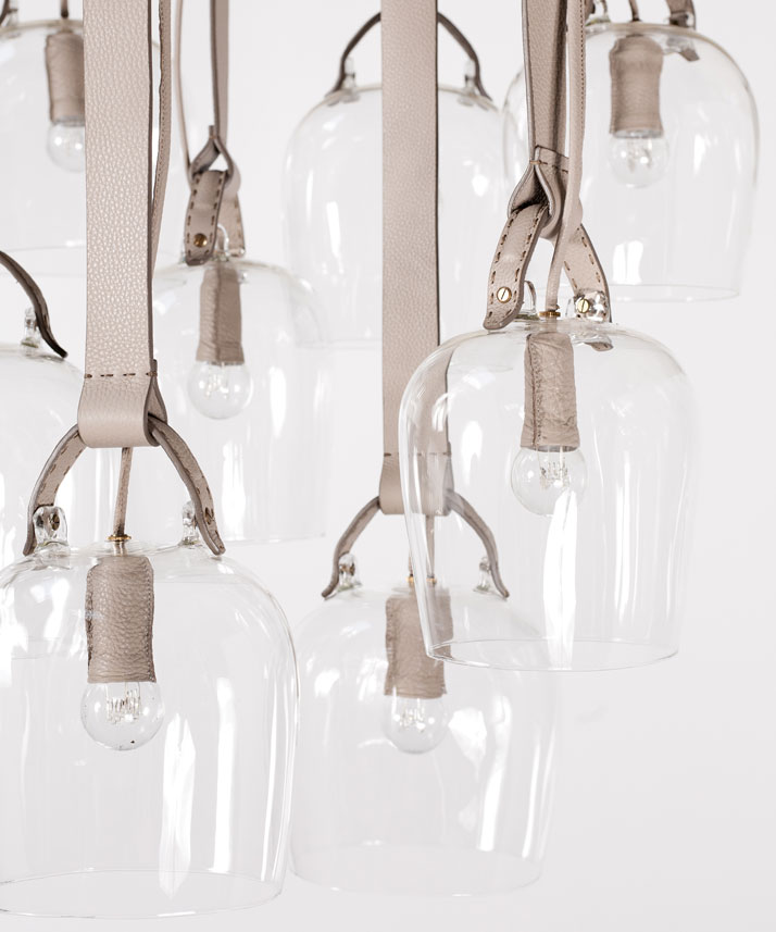 Bells-lights: Discarded Fendi leather, glass, leather-covered hooks, leather-covered electric wirePhoto © Luisa Zanzani