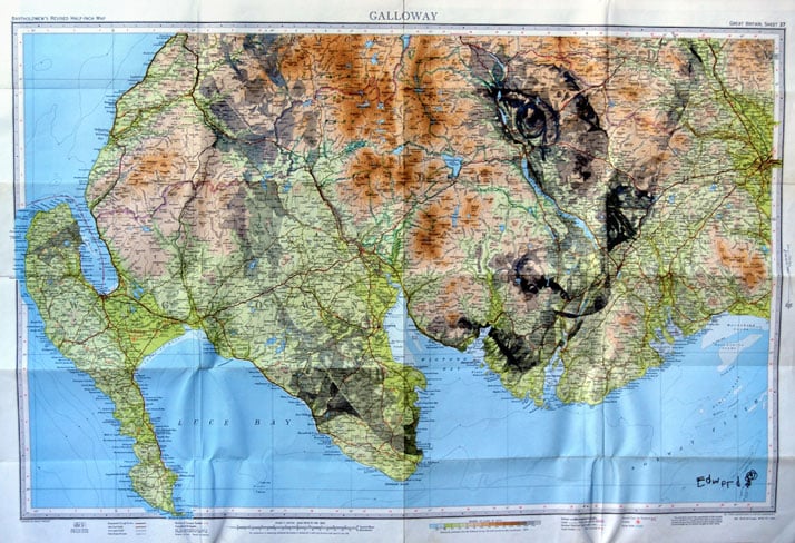 Pencil on original Bartholomew map of Galloway, Scotland,  photo © Ed Fairburn