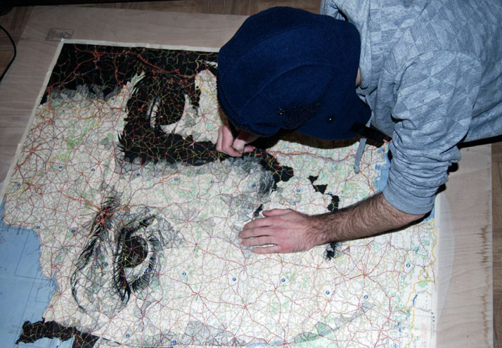 Work in progress - ink on an original Michelin map of France, photo © Ed Fairburn