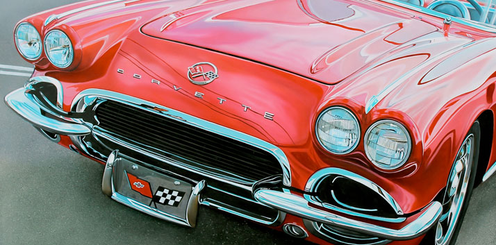 Red Corvette, 2013, oil on aluminum panel, 18 x 35"   © Cheryl Kelley, Courtesy of Bernarducci Meisel Gallery  