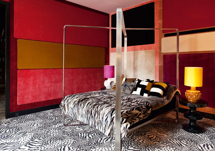 Four  poster bed by Maria Pergay. Bishop bedside tables by India Mahdavi.  Vintage lamp. Fitted carpet by India Mahdavi. Photo © Jean-François  Jaussaud/Lux Productions.