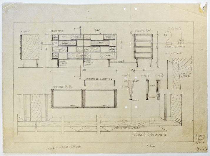 Gio Ponti’s sketches for the Cassettone series drawer cabinet, 1956. Courtesy of Gio Ponti Archives.